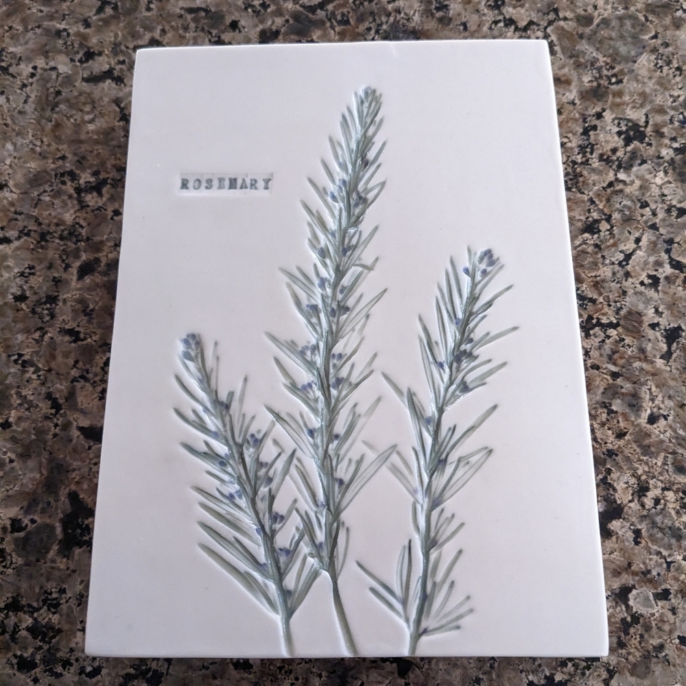 Framed Art Pressed Tile Impression Rosemary Ceramic Sculpture Pottery Kitchen